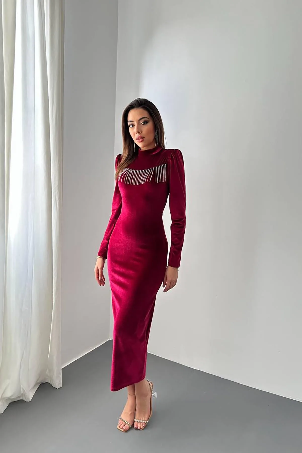 Bordo Kadife Işıltılı Elbise - Bordo – Bordo, L