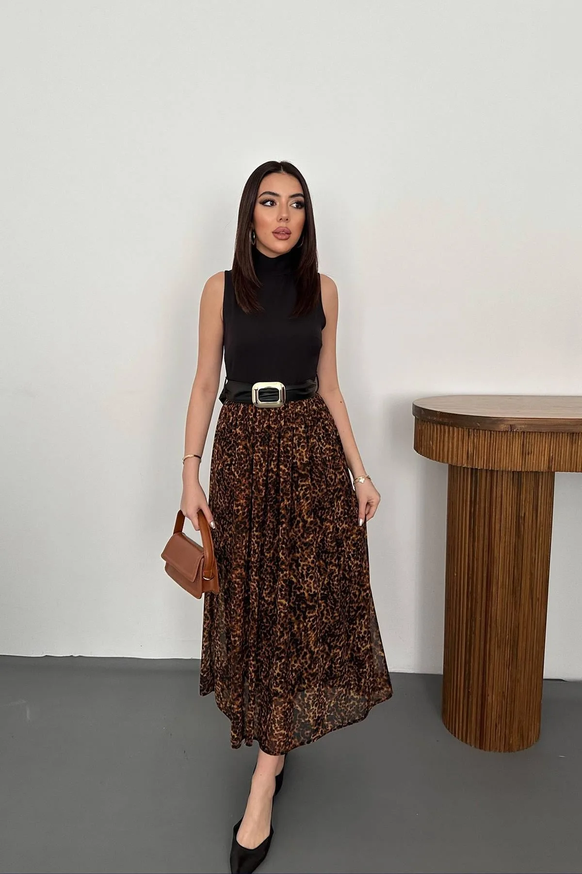 Siyah Alt Eteği Leopar Elbise - Siyah – Siyah, L