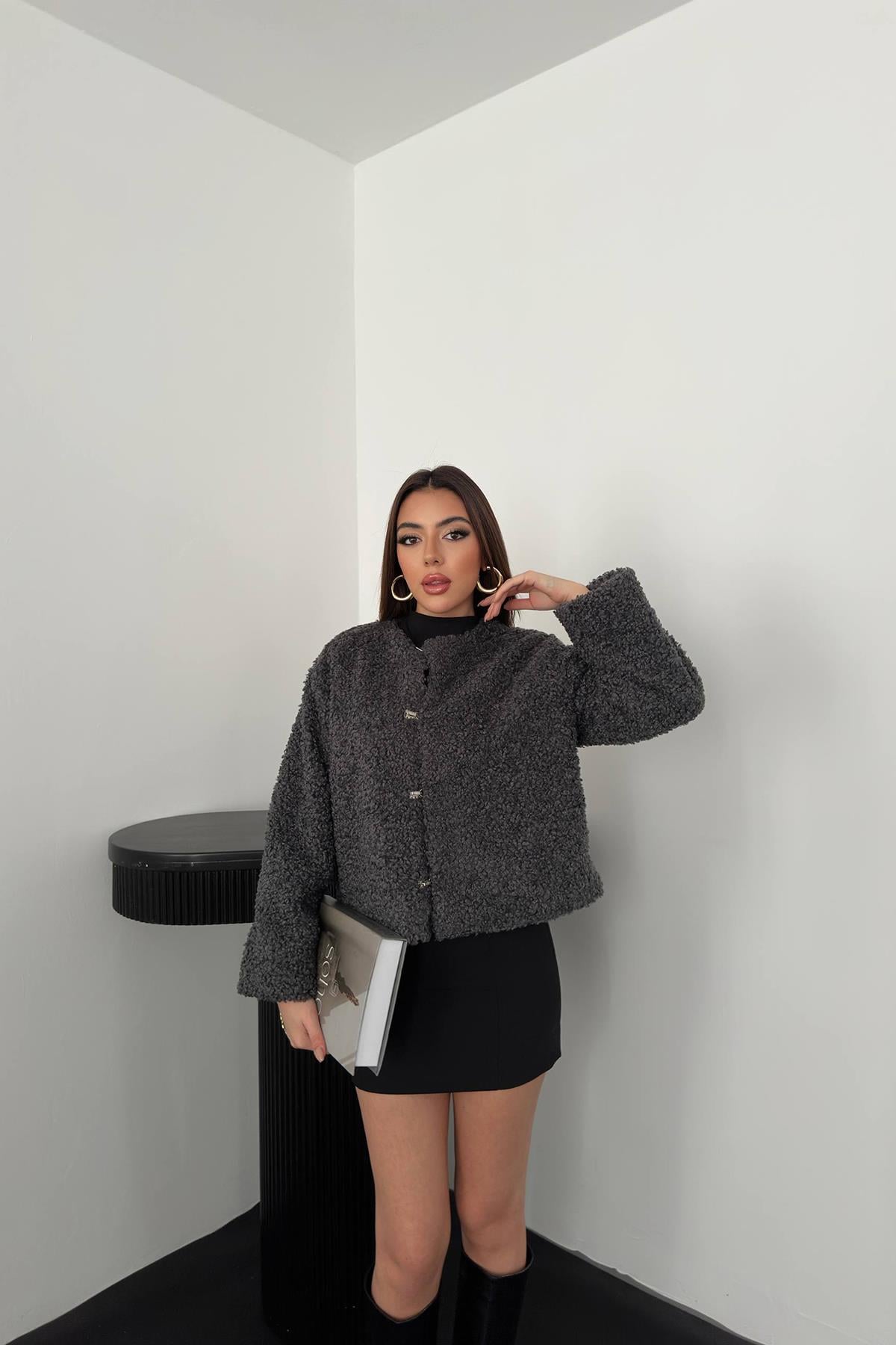 Füme Peluş Kısa Ceket - Füme
