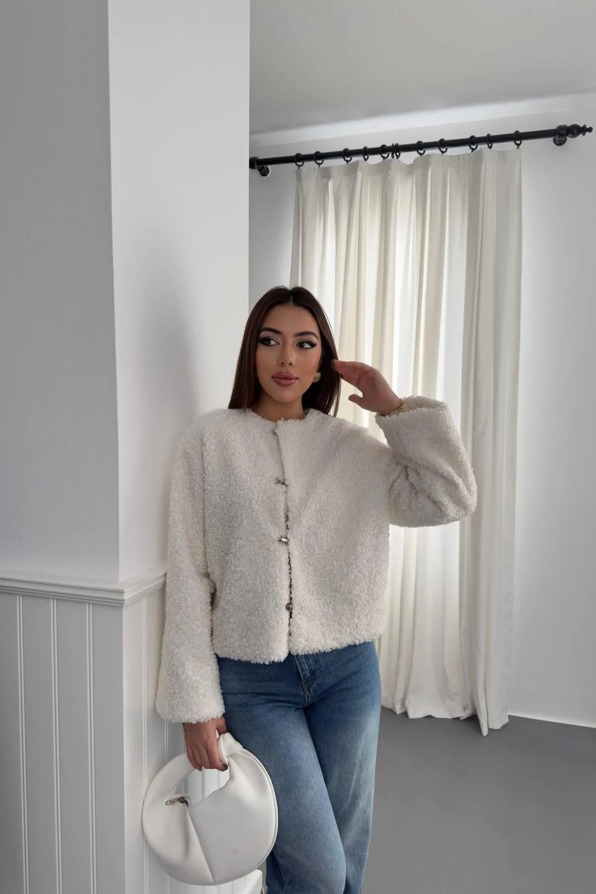 Ekru Peluş Kısa Ceket - Ekru – Ekru, L