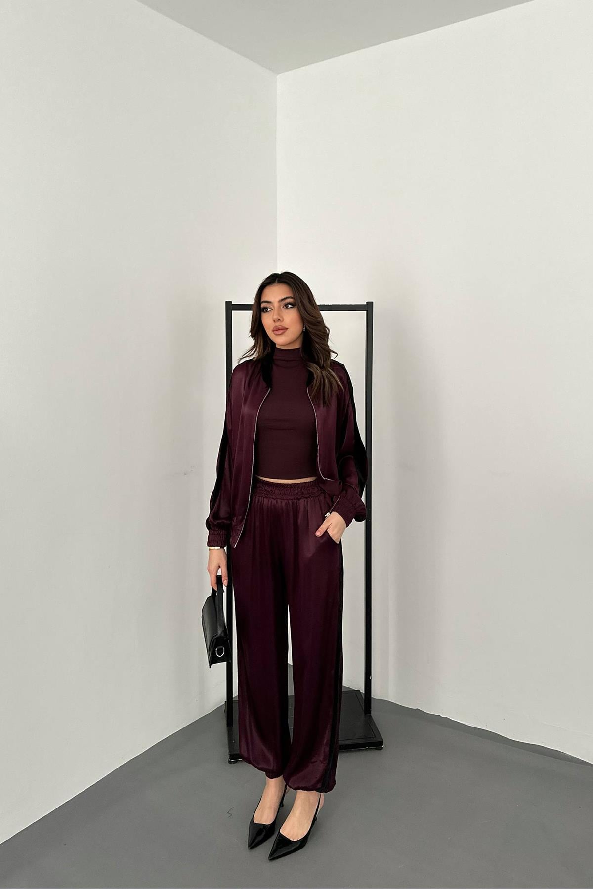 Bordo Kadife Şeritli Saten Eşofman Takımı - Bordo