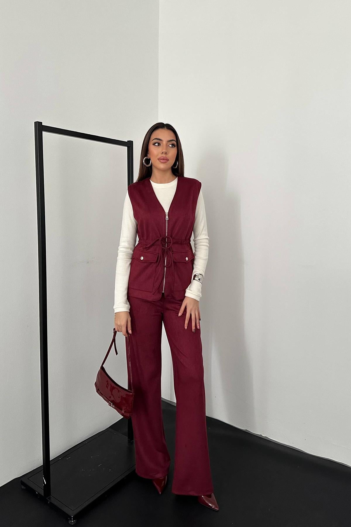 Bordo Süet Yelek Pantolon Takım - Bordo