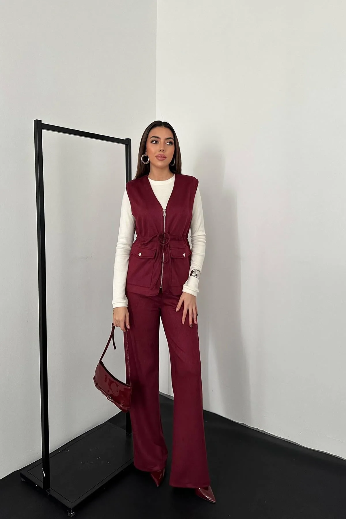 Bordo Süet Yelek Pantolon Takım - Bordo – Bordo, L
