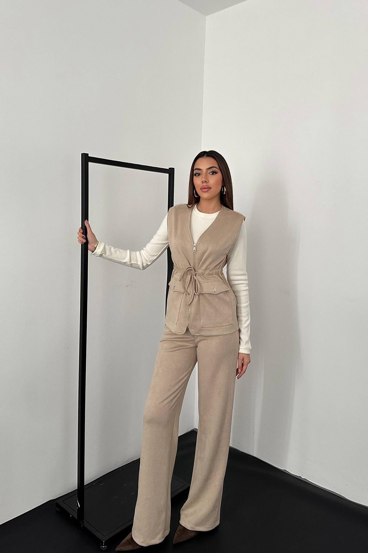 Bej Süet Yelek Pantolon Takım - Bej – Bej, L