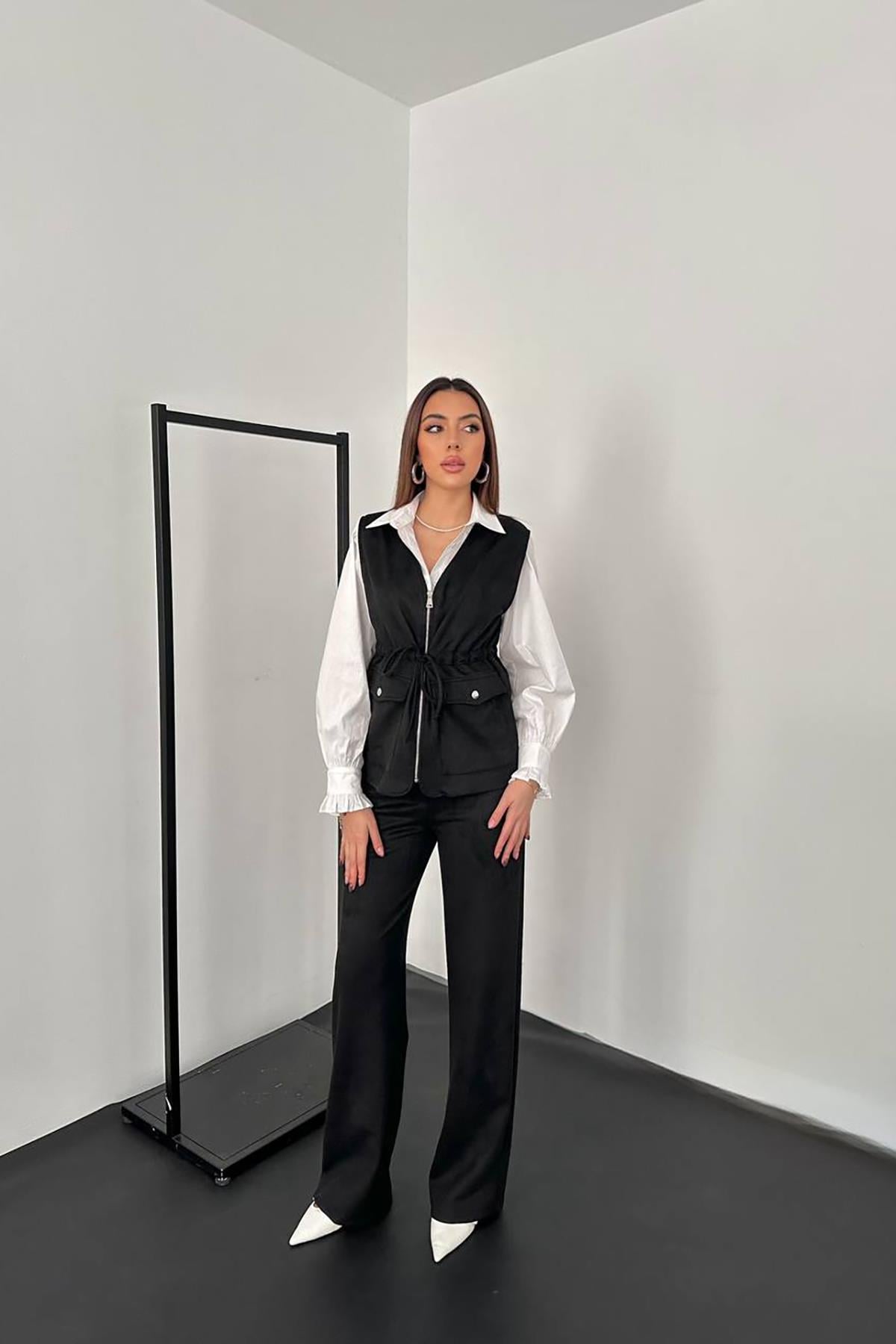 Siyah Süet Yelek Pantolon Takım - Siyah