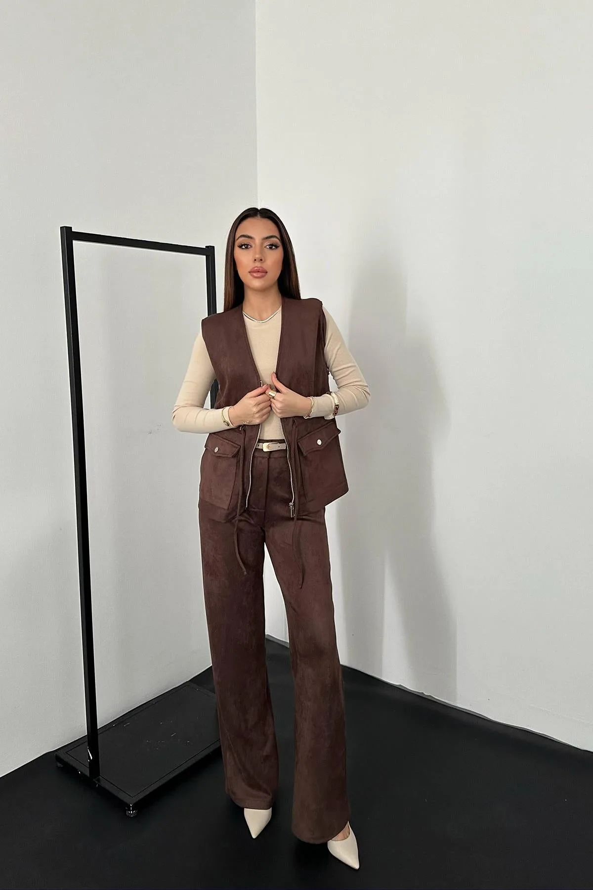 Kahverengi Süet Yelek Pantolon Takım - Kahverengi – Kahve, L