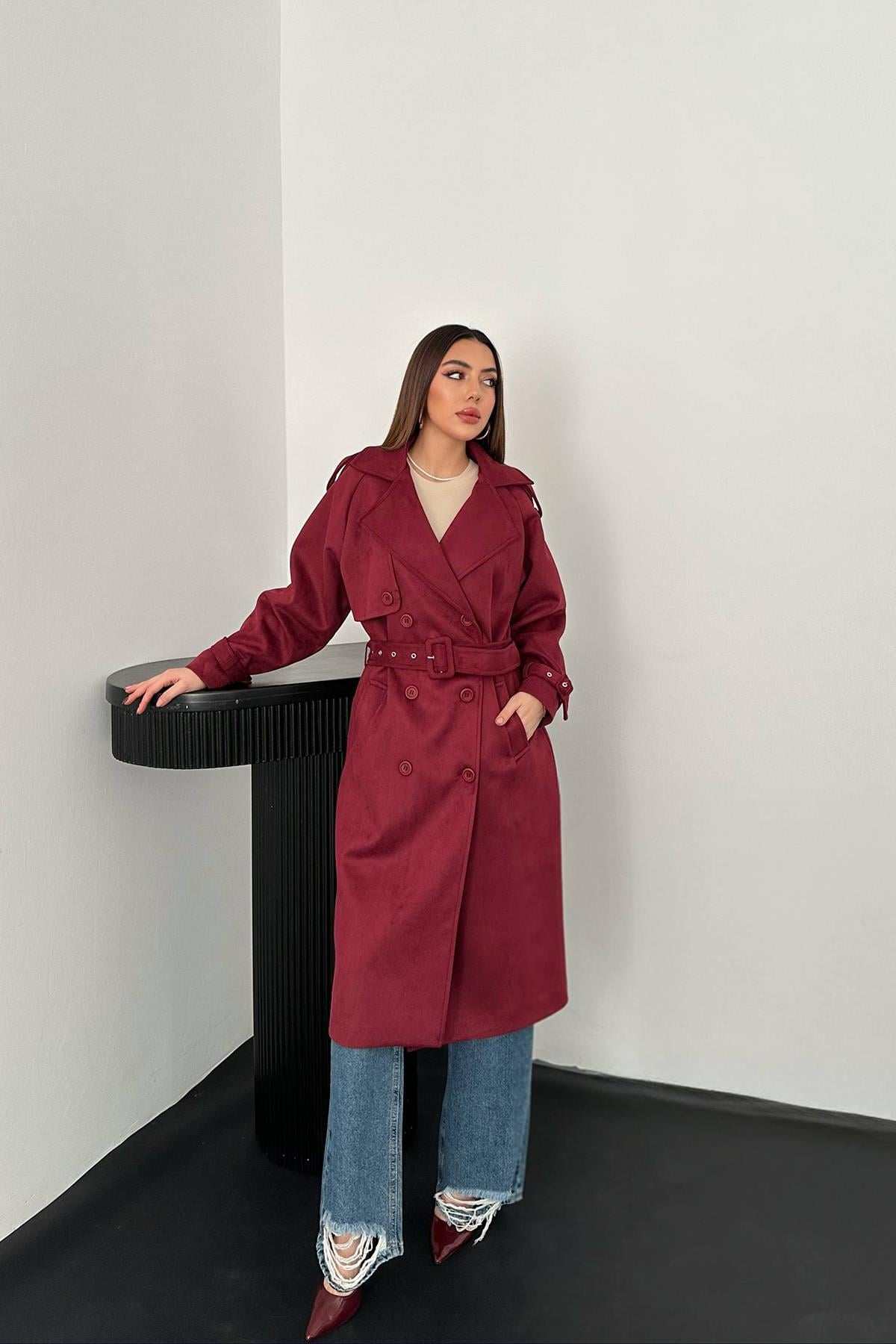 Bordo Reglan Kollu Süet Trençkot - Bordo