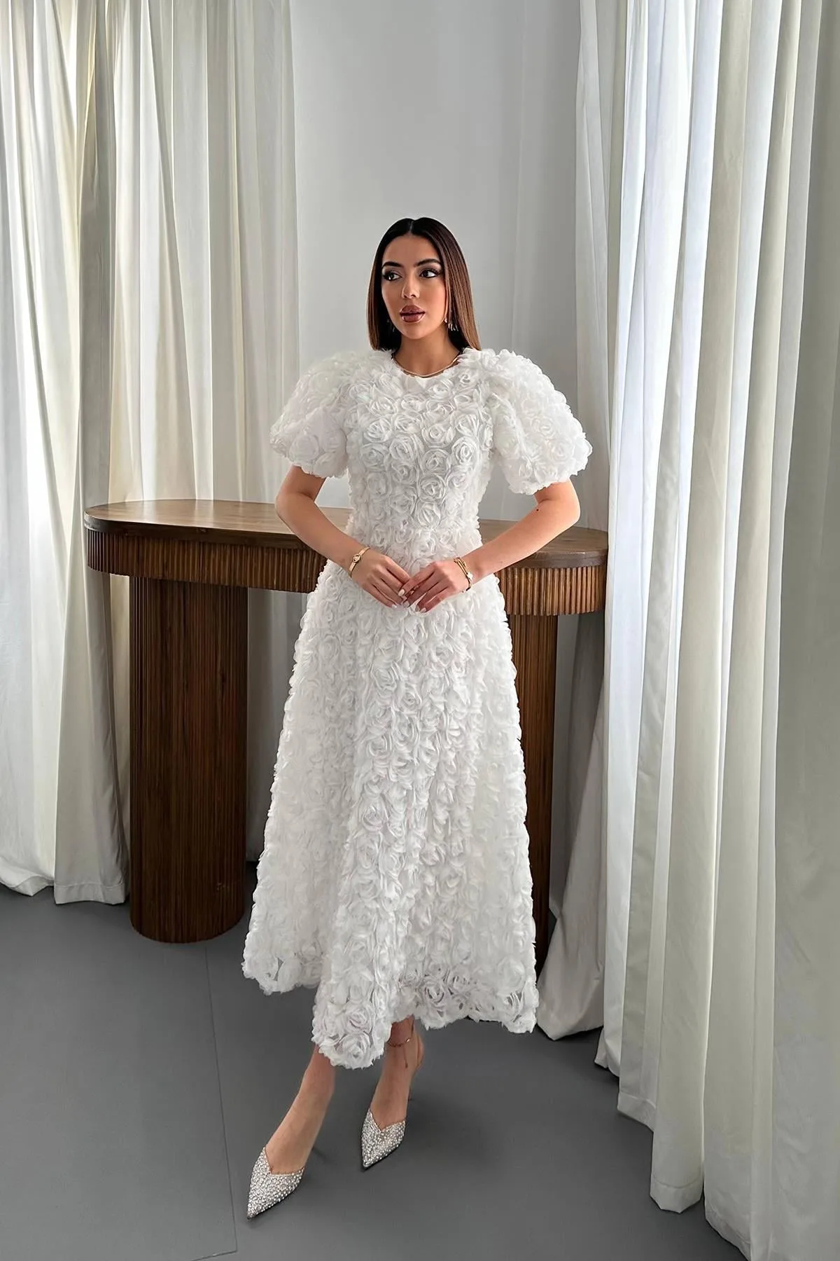 Beyaz Güllü Elbise - Beyaz – Beyaz, L