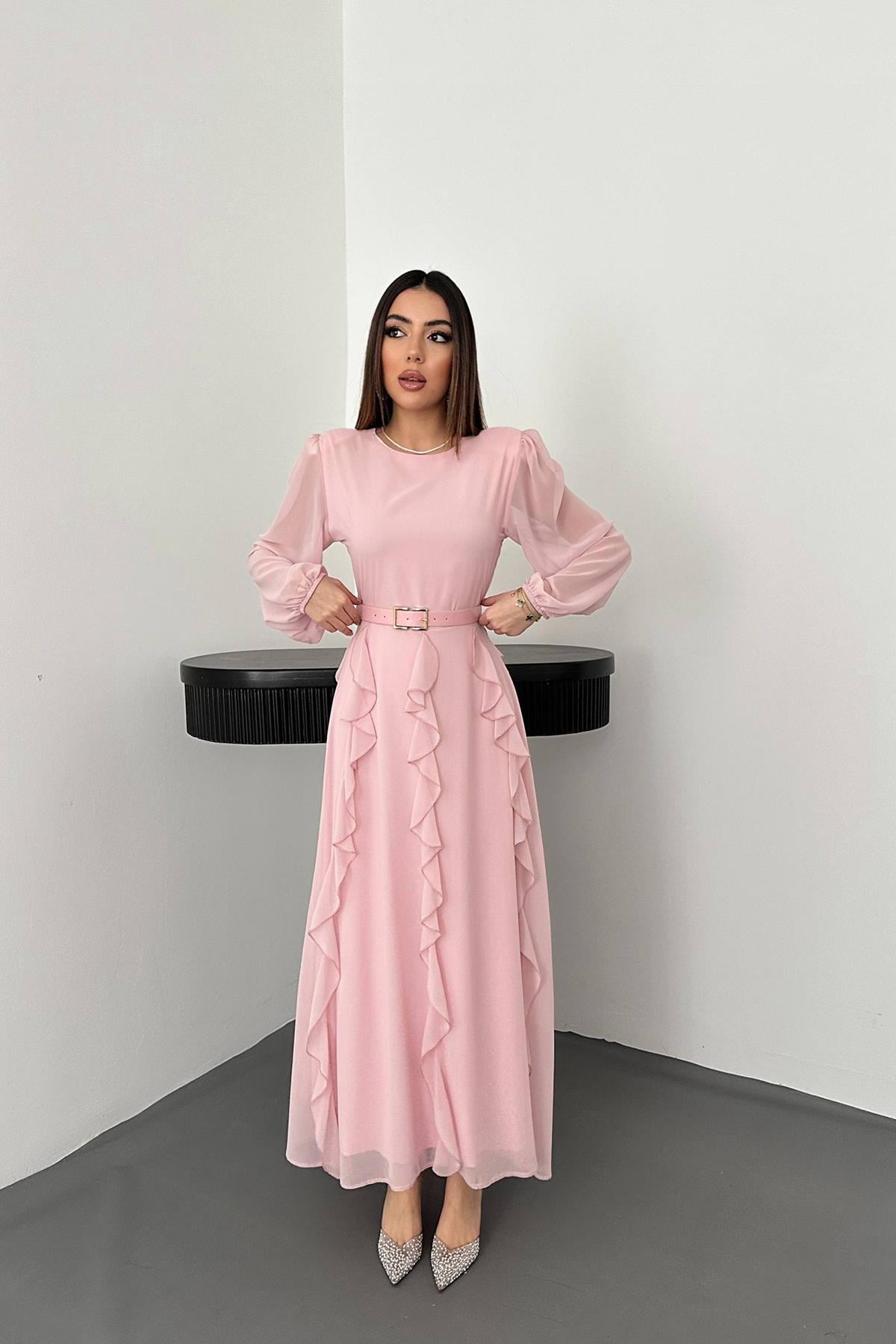 Pembe Kemerli Şifon Elbise - Pembe