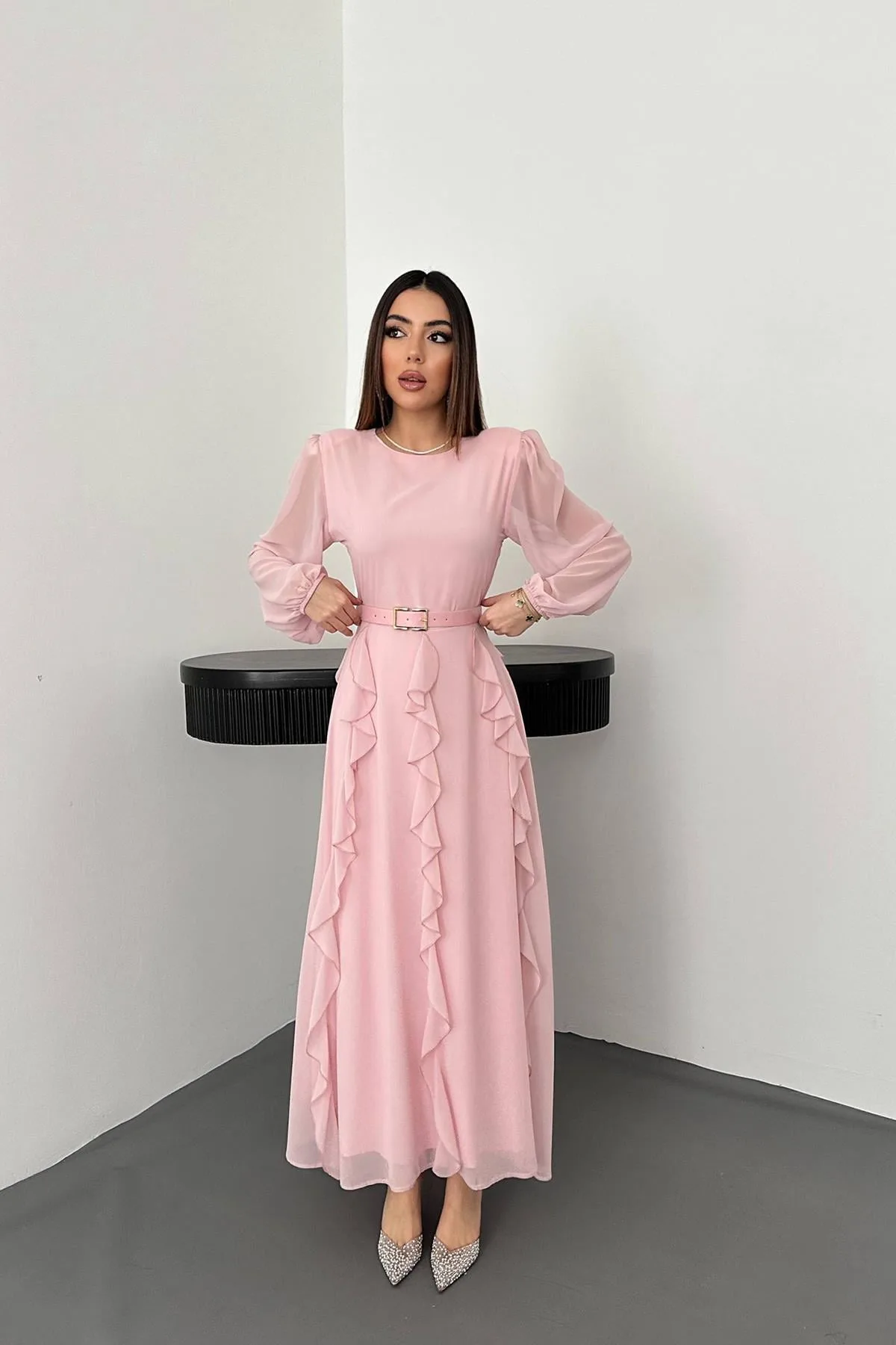 Pembe Kemerli Şifon Elbise - Pembe – Pembe, L