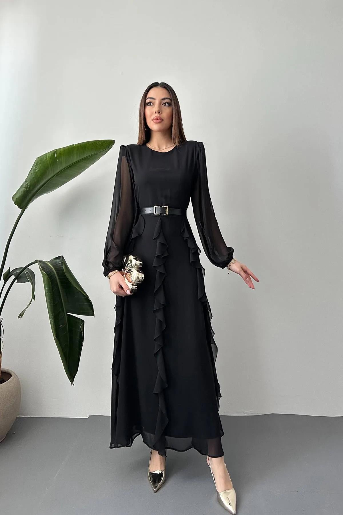 Siyah Kemerli Şifon Elbise - Siyah – Siyah, L