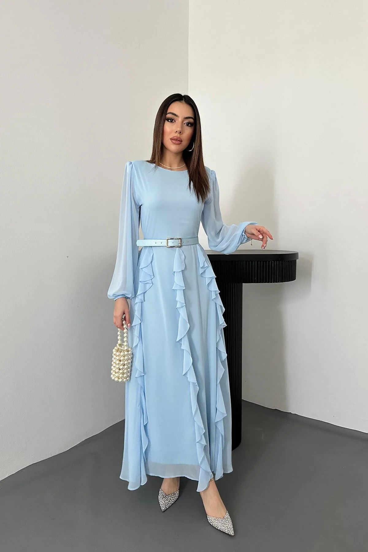 Bebe Mavi Kemerli Şifon Elbise - Bebe Mavi – Bebe Mavisi, L