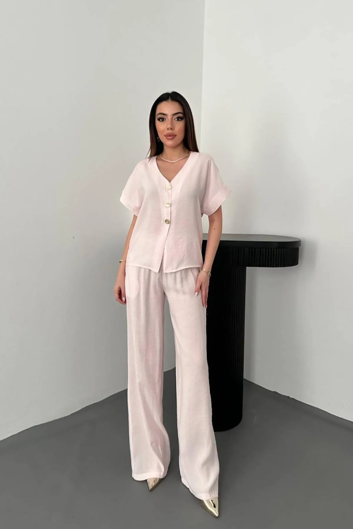 Pembe Düğme Detaylı İkili Modal Takım - Pembe – Pembe, L