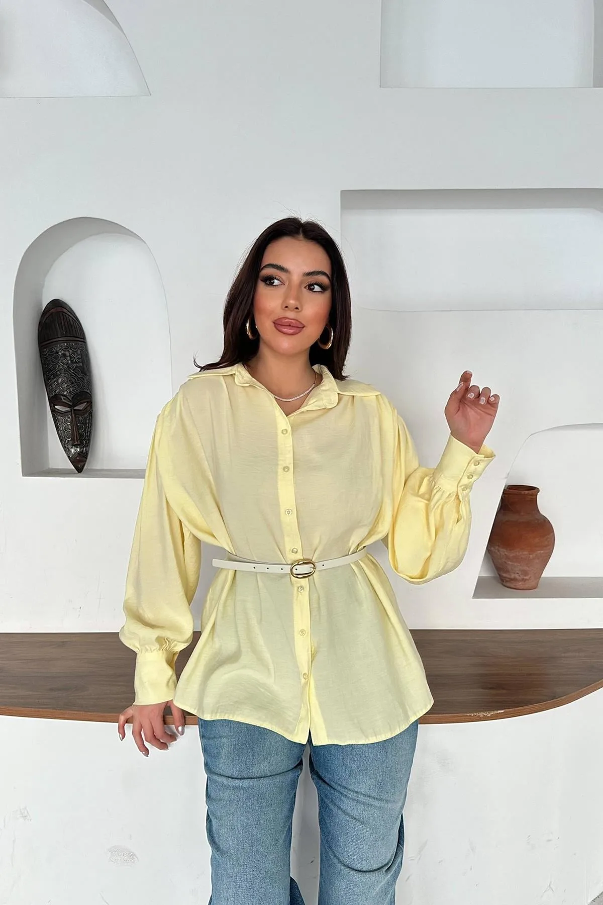 Sarı Kemer Detaylı Modal Gömlek - Sarı