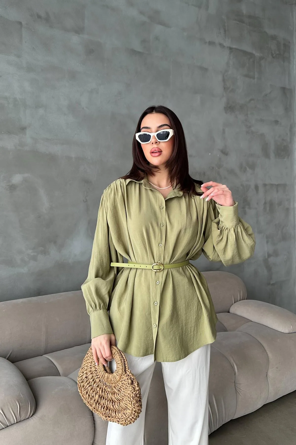 Olive Kemer Detaylı Modal Gömlek - Olive