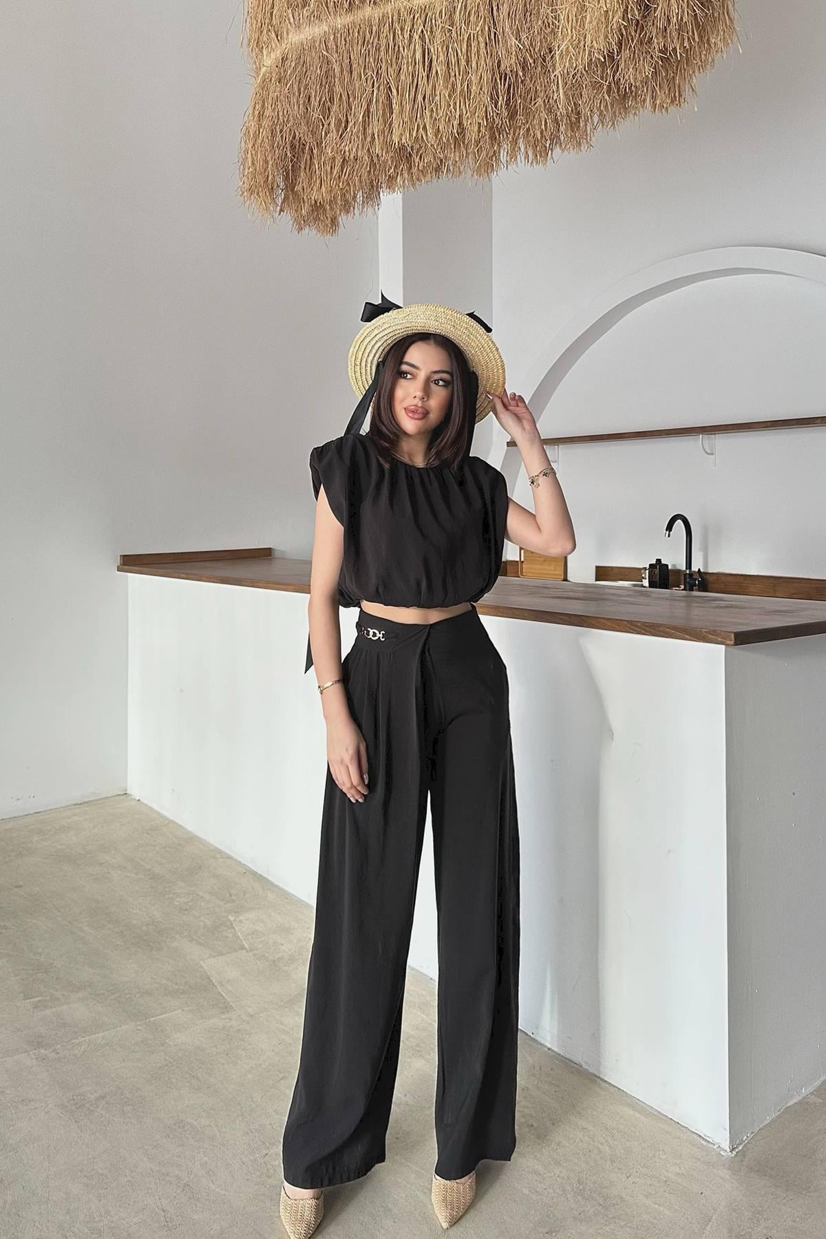 Siyah Modal Bluz Ve Pantolon Takım - Siyah – Siyah, L