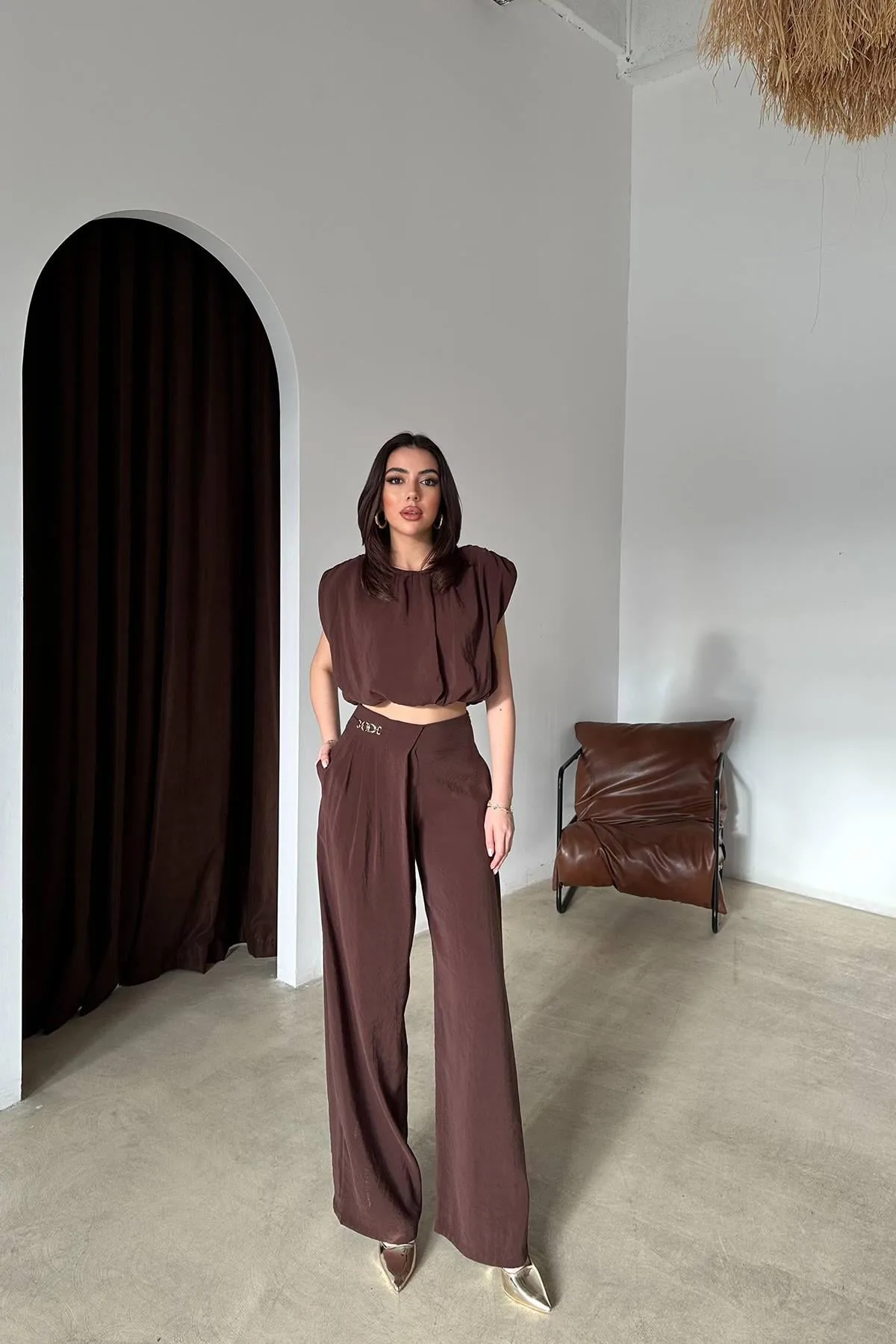 Kahverengi Modal Bluz Ve Pantolon Takım - Kahverengi – Kahve, L