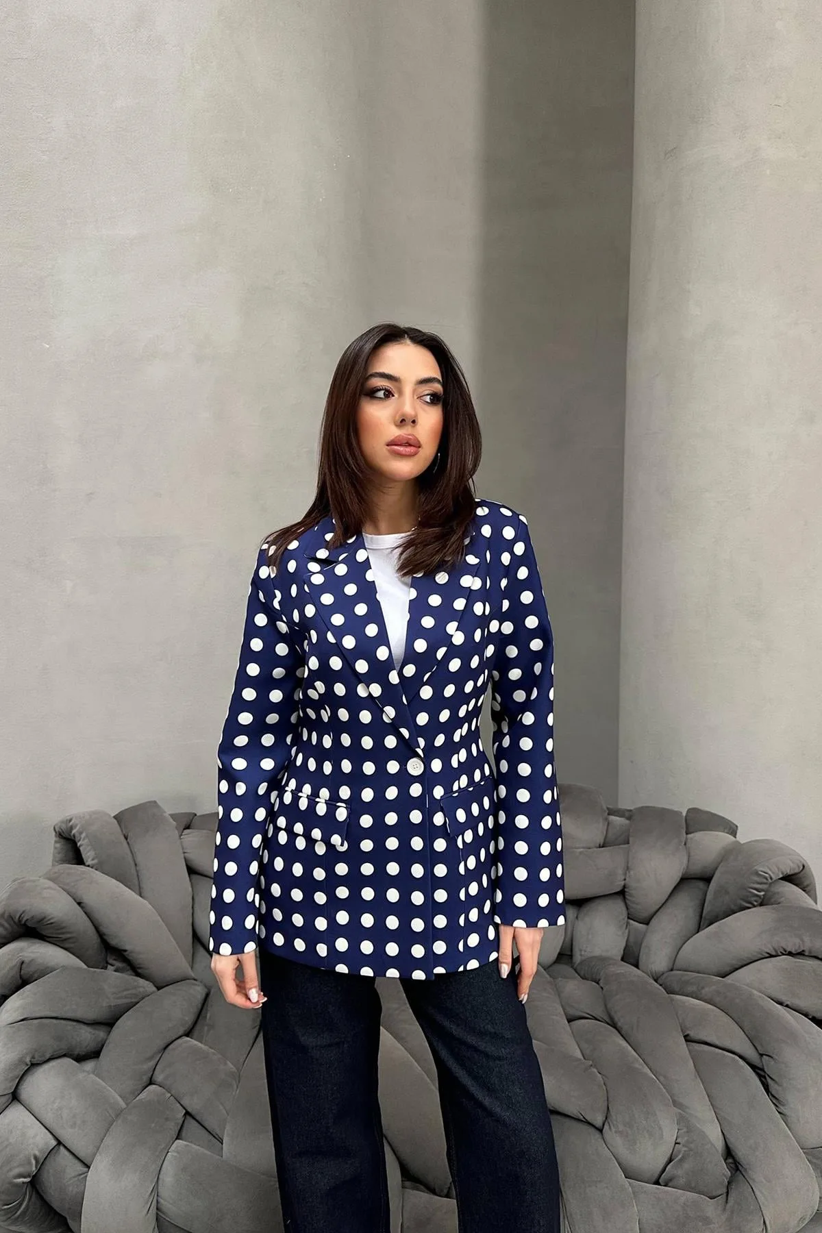 Lacivert Puantiyeli Blazer Ceket - Lacivert – Lacivert, L