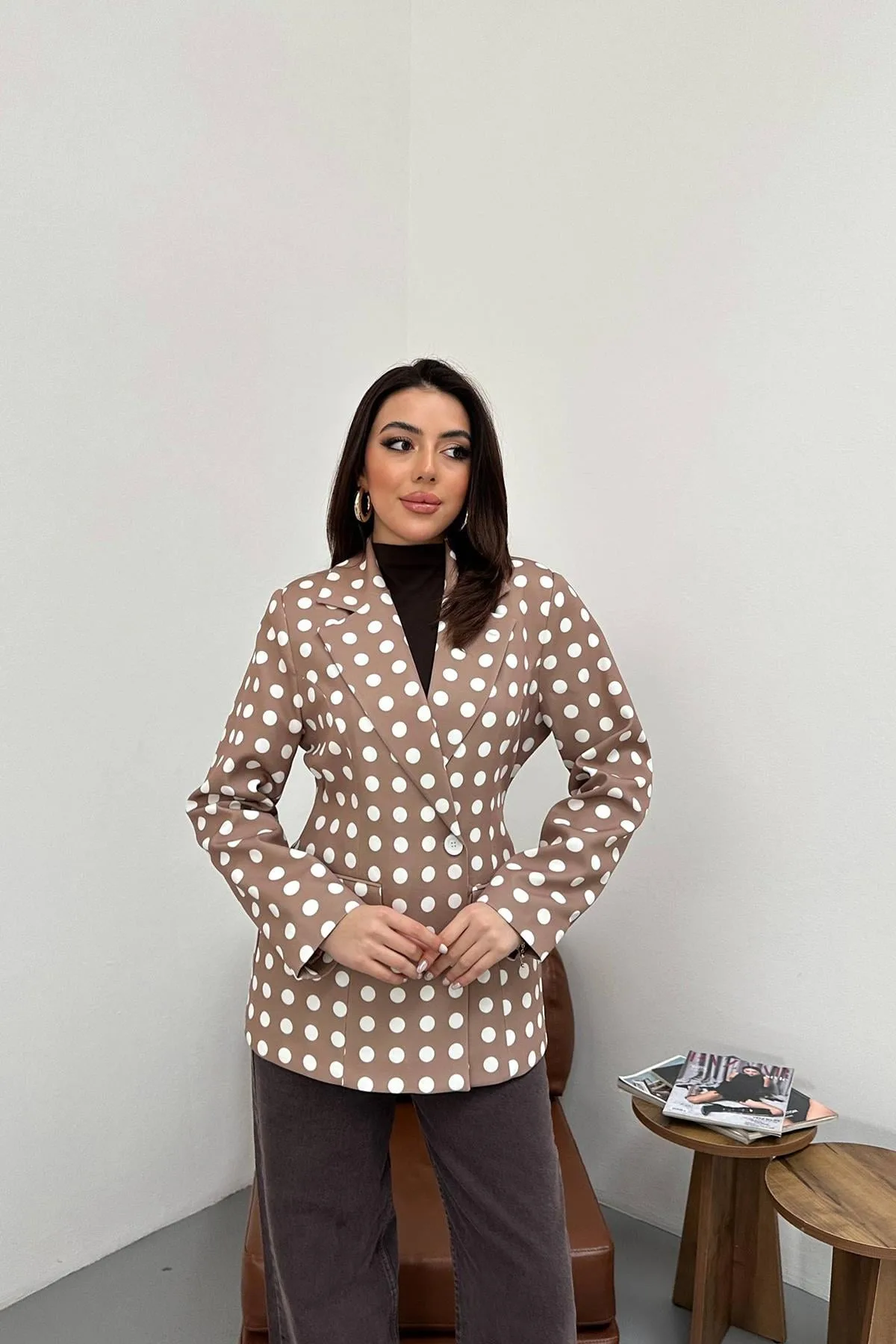 Camel Puantiyeli Blazer Ceket - Camel – Camel, L