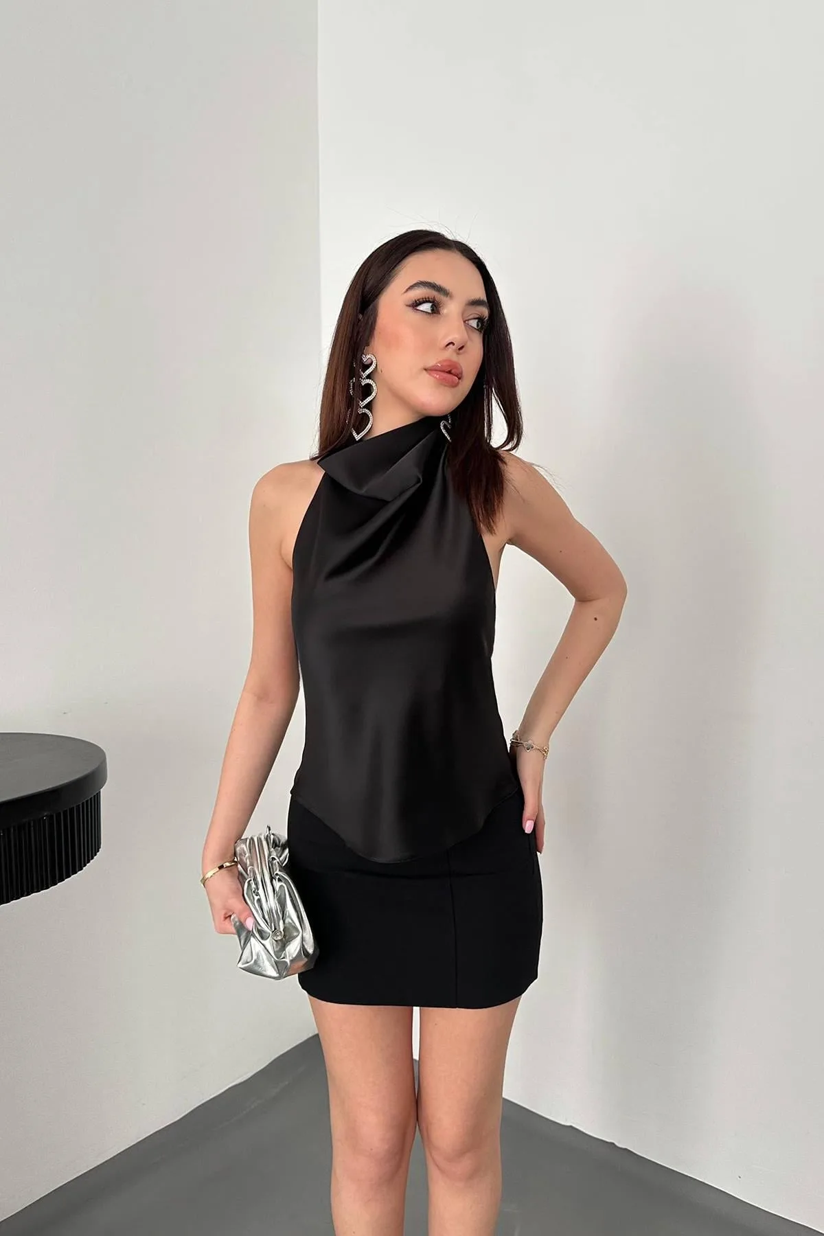 Siyah Degaje Saten Bluz - Siyah – Siyah, L