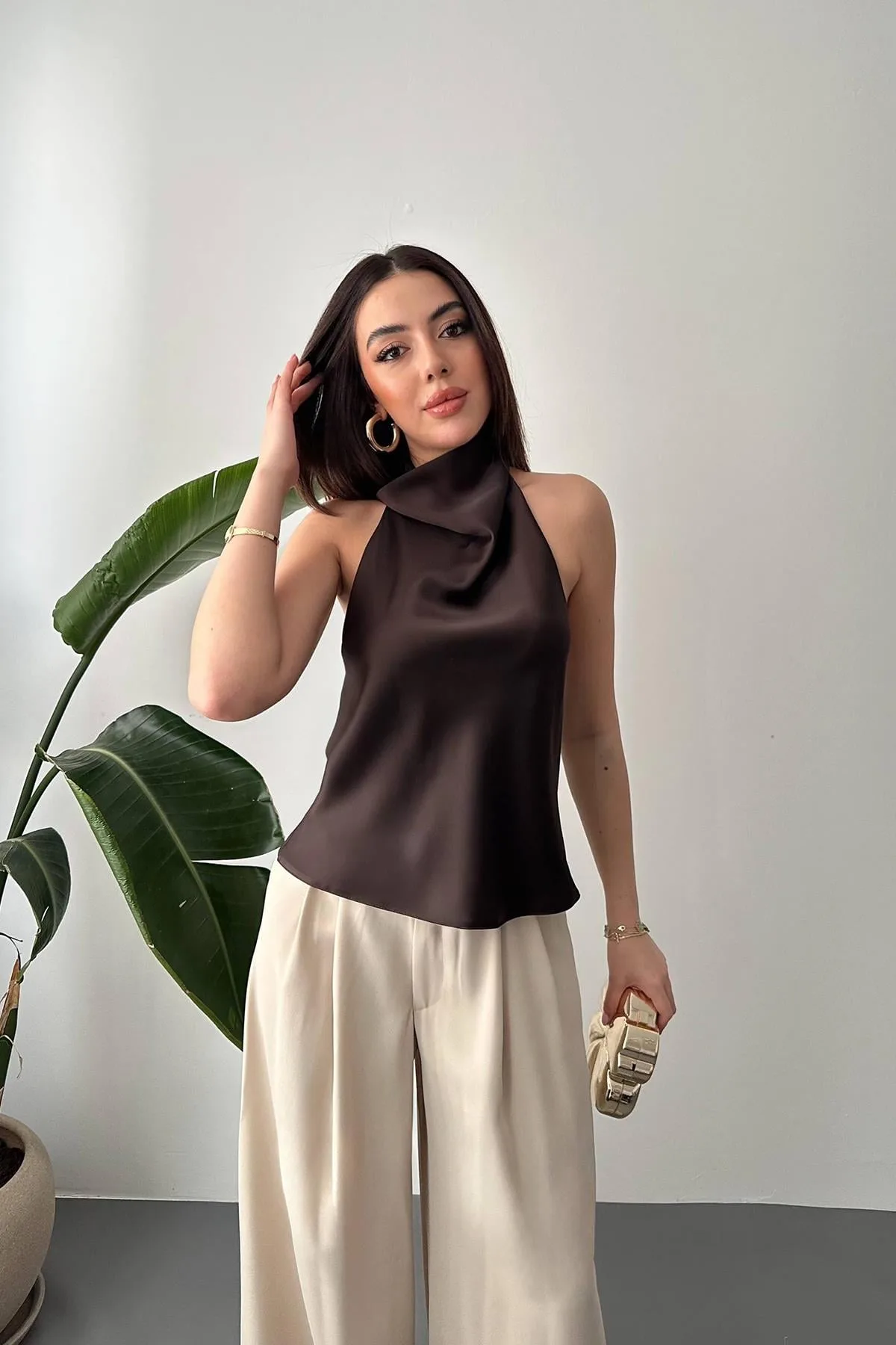 Kahverengi Degaje Saten Bluz - Kahverengi – Kahve, L
