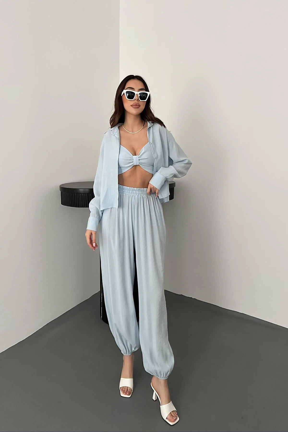 Bebe Mavi Gipe Detaylı Üçlü Takım - Bebe Mavi – Bebe Mavisi, L