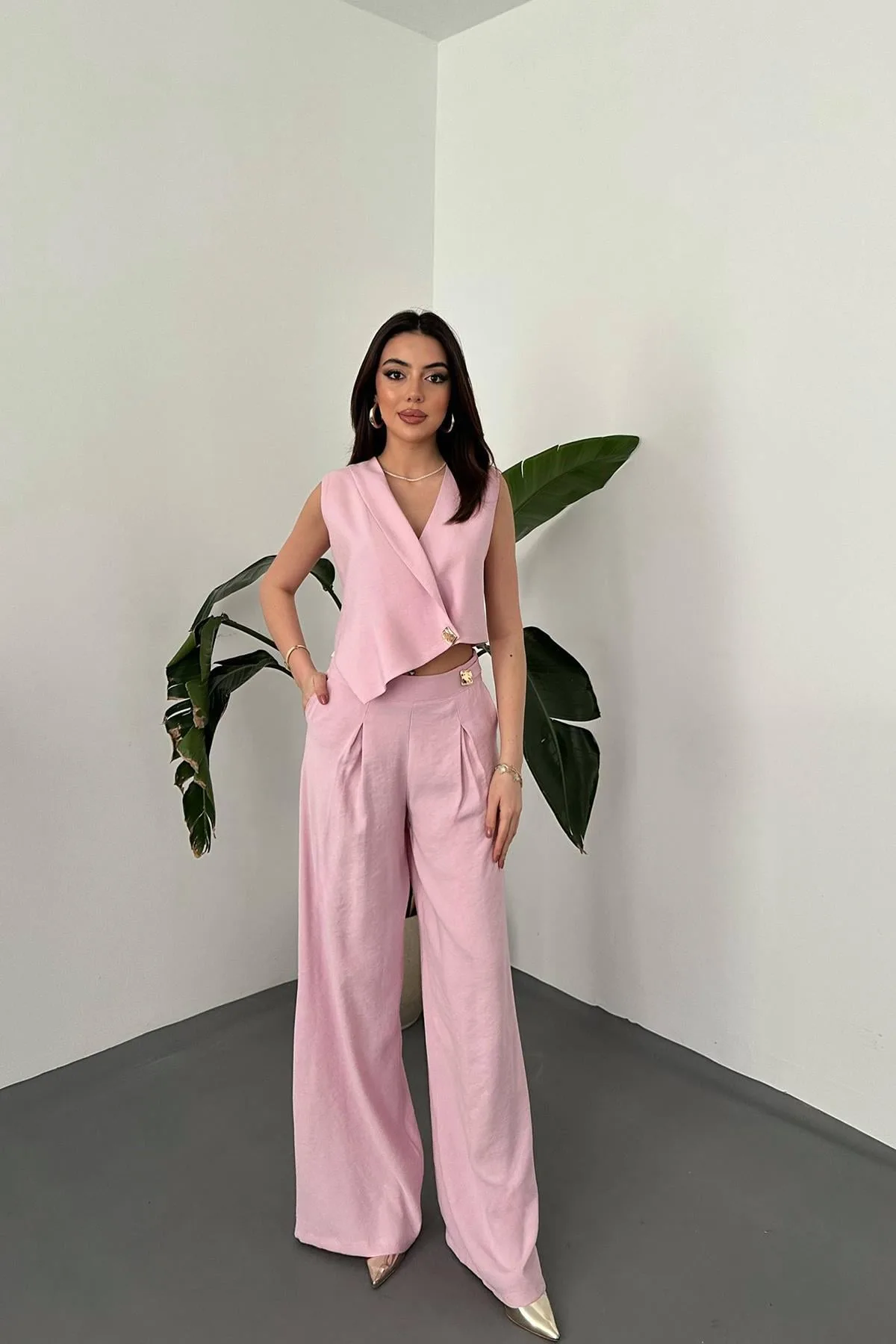 Pembe Asimetrik Yelek Ve Pantolon Takım - Pembe – Pembe, L