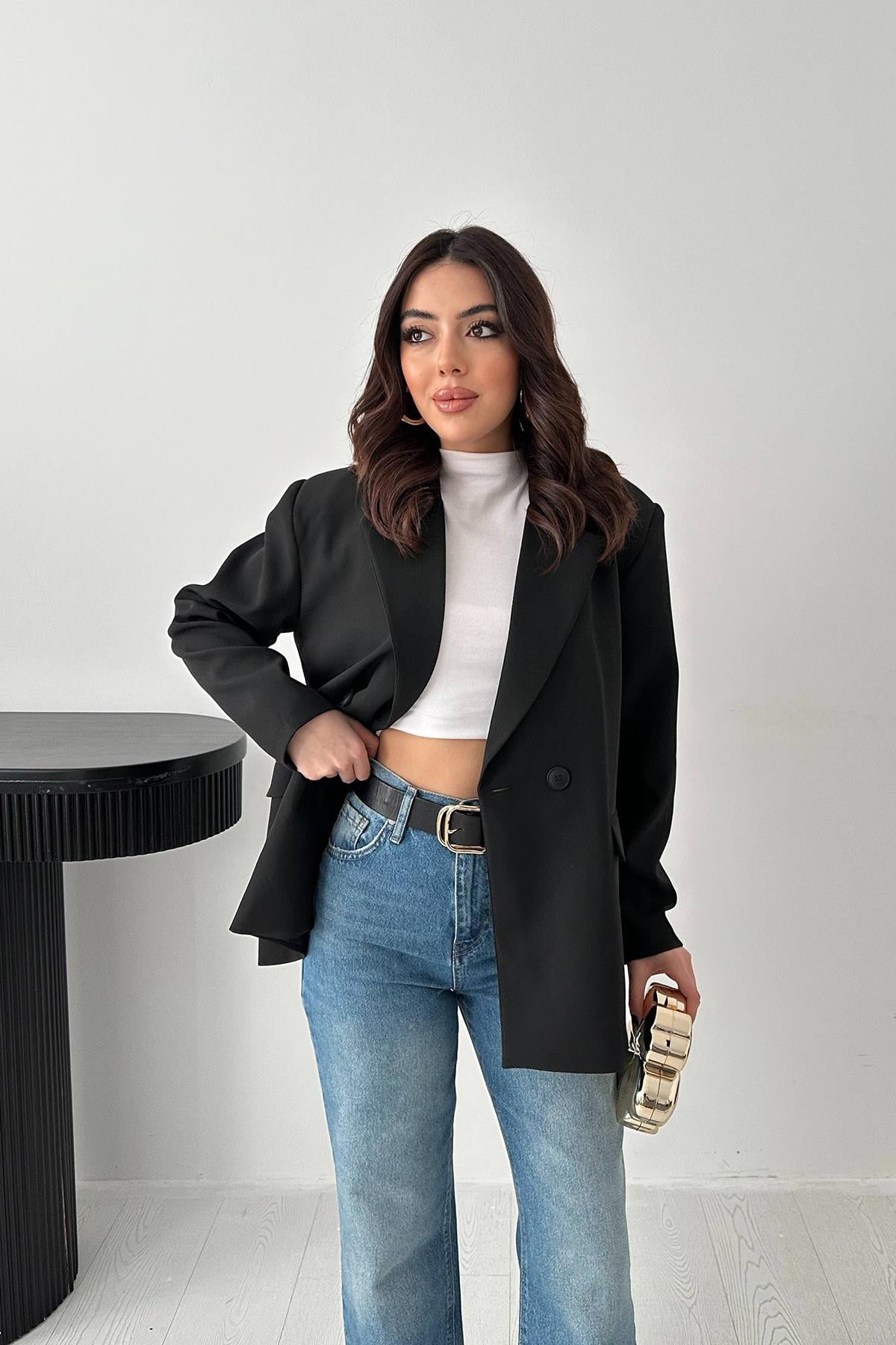 Siyah 2 Düğmeli Blazer Ceket - Siyah