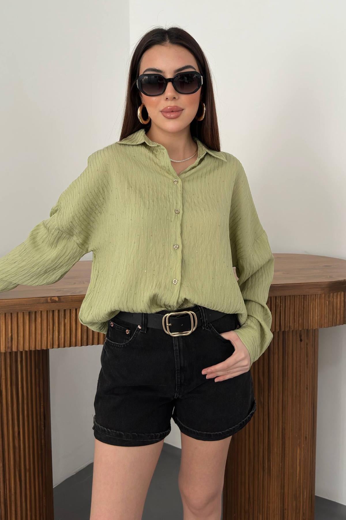 Yeşil Nakışlı Oversize Gömlek - Yeşil