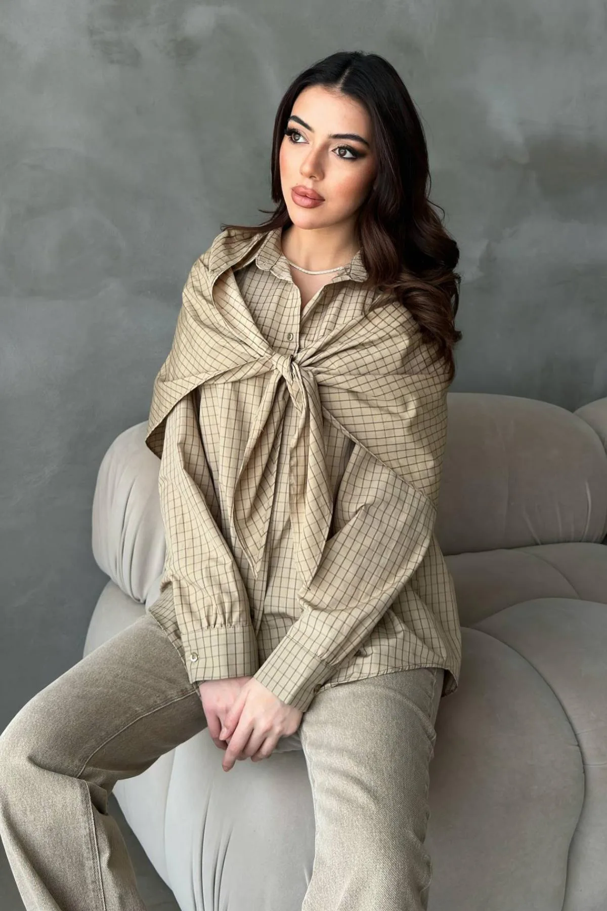 Camel Şal Detaylı Oversıze Gömlek - Camel – Camel, L