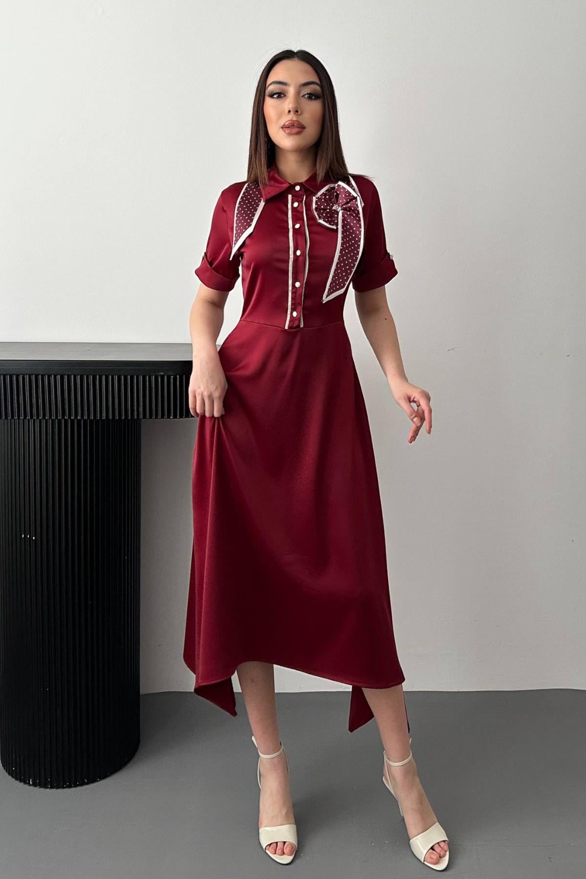 Bordo Fular Detaylı Saten Elbise - Bordo