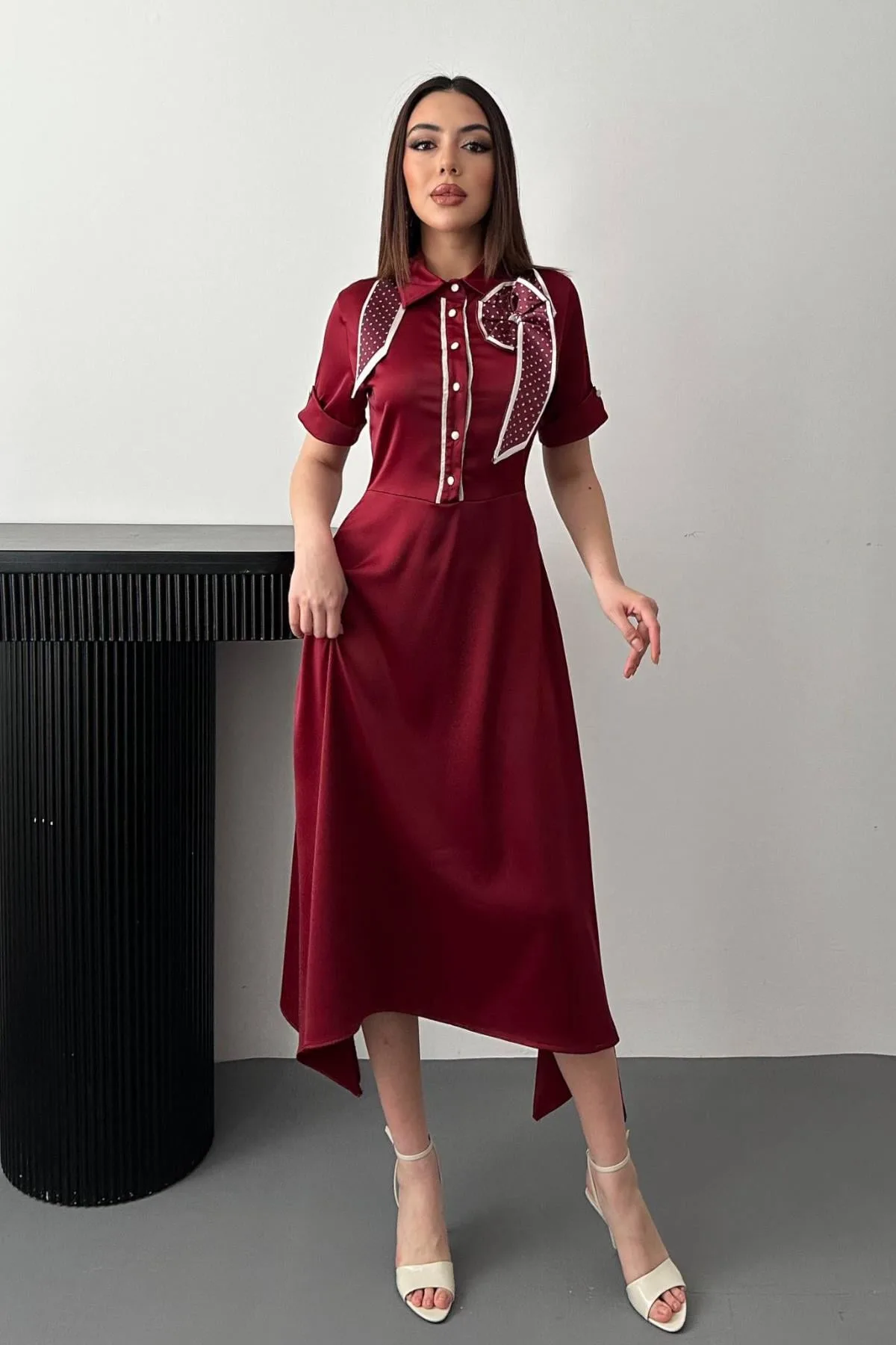 Bordo Fular Detaylı Saten Elbise - Bordo – Bordo, L