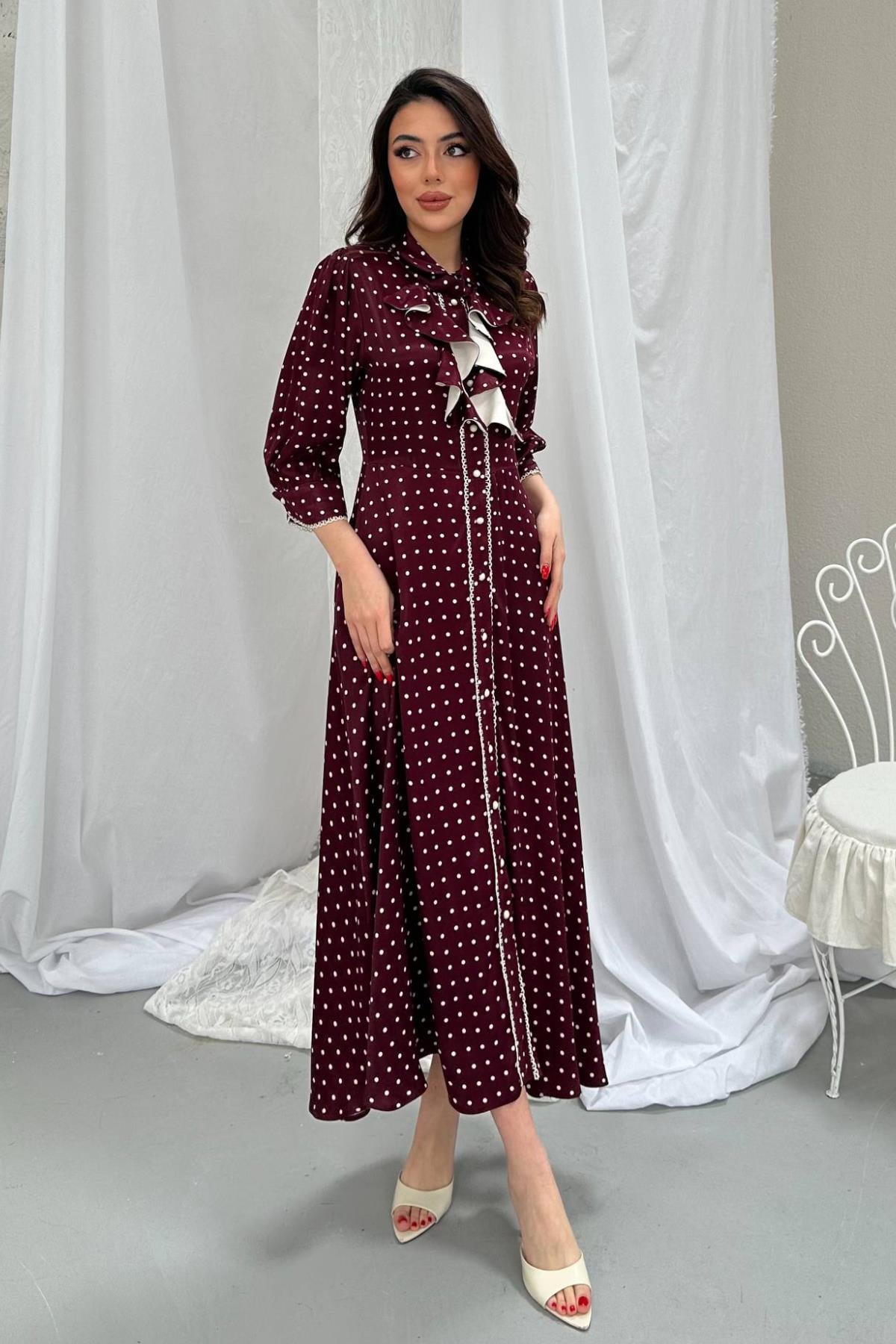 Bordo Önü Patlı Puantiyeli Elbise - Bordo