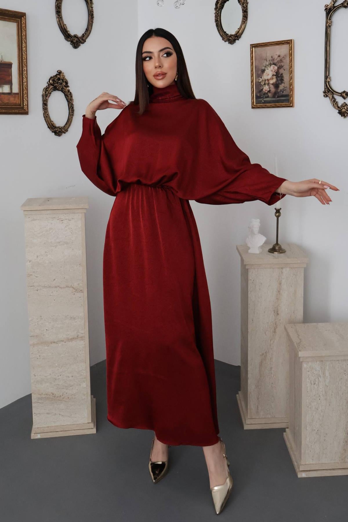 Bordo Jakarlı Saten Elbise - Bordo – Bordo, L