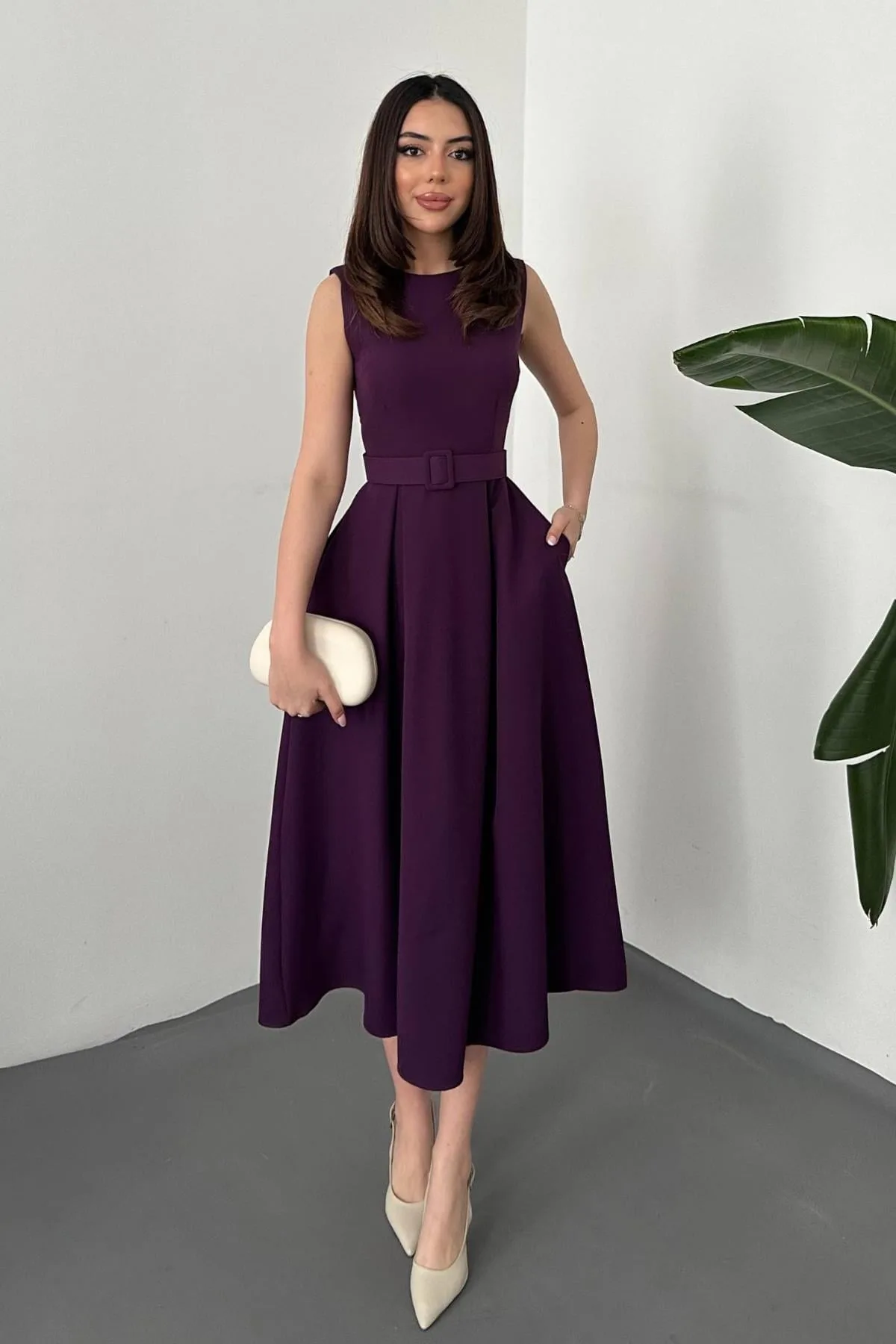Mor Halter Yaka Kloş Elbise - Mor – Mor, L