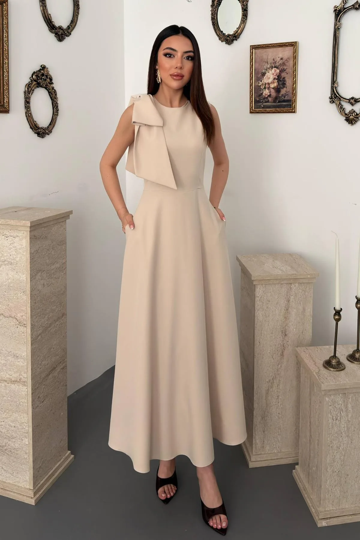 Bej Omuz Fiyonklu Elbise - Bej – Bej, L