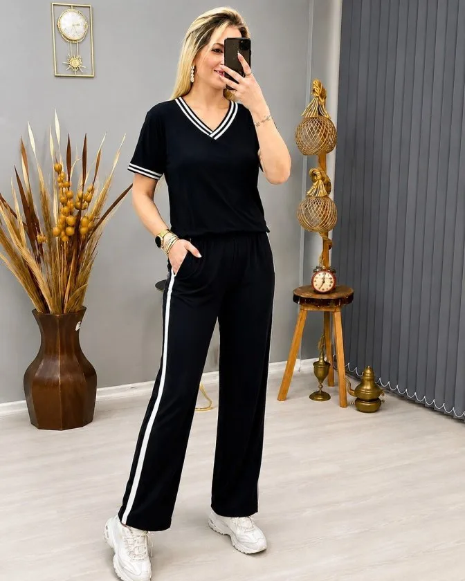Kadın Kısa Kollu V Yakalı Viskon Iki Iplik Bluz Ve Pantolon Ikili Takım, 35468 - Siyah – Siyah, 2XL-3XL