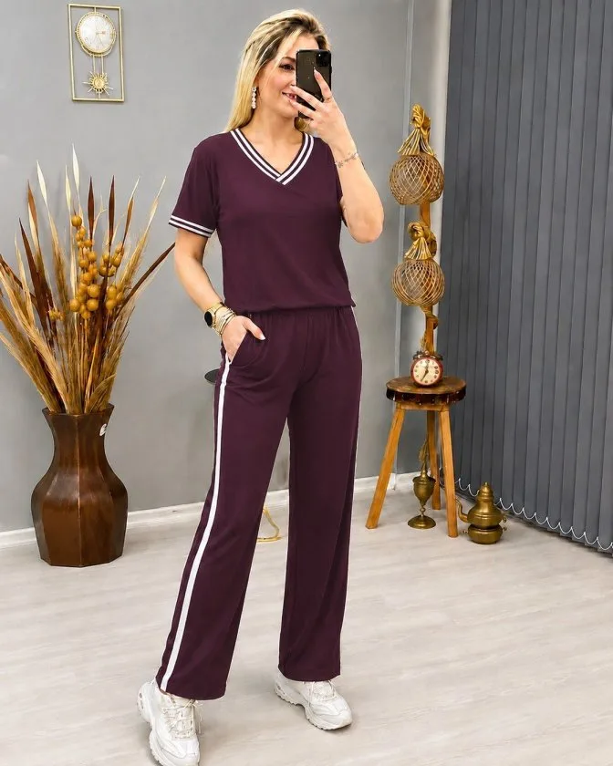 Kadın Kısa Kollu V Yakalı Viskon Iki Iplik Bluz Ve Pantolon Ikili Takım, 35467 - Bordo – Bordo, S-M