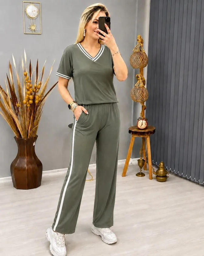 Kadın Kısa Kollu V Yakalı Viskon Iki Iplik Bluz Ve Pantolon Ikili Takım, 35466 - Haki – Haki, 2XL-3XL