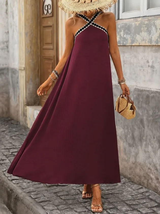 Kadın önden çapraz Lastik Detaylı Omuzlardan Açık Uzun Janjan Krep Elbise, 35426 - Bordo – Bordo, 2XL-3XL