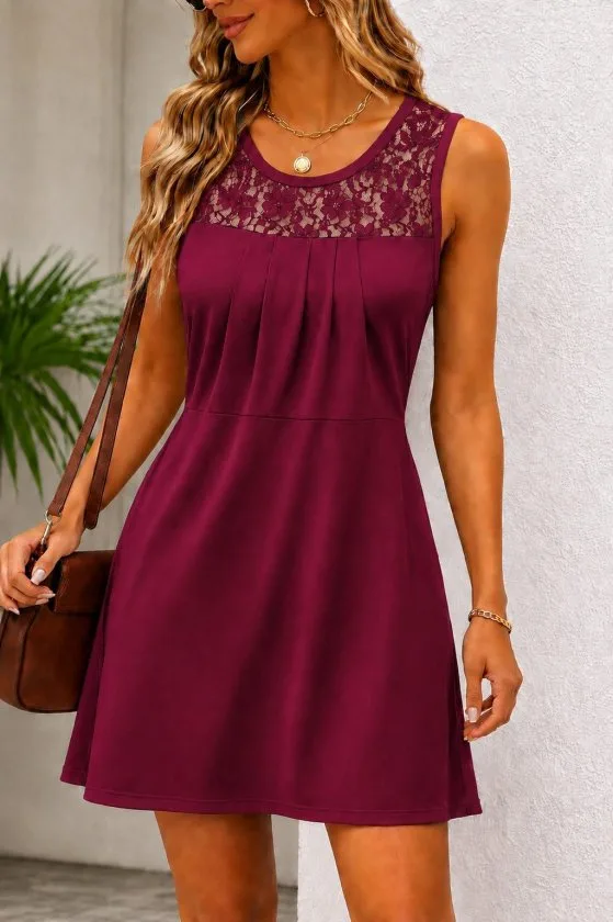 Kadın Askılı Yuvarlak Yakalı Dantelli Kısa Viskon Elbise, 35500 - Bordo – Bordo, 2XL-3XL