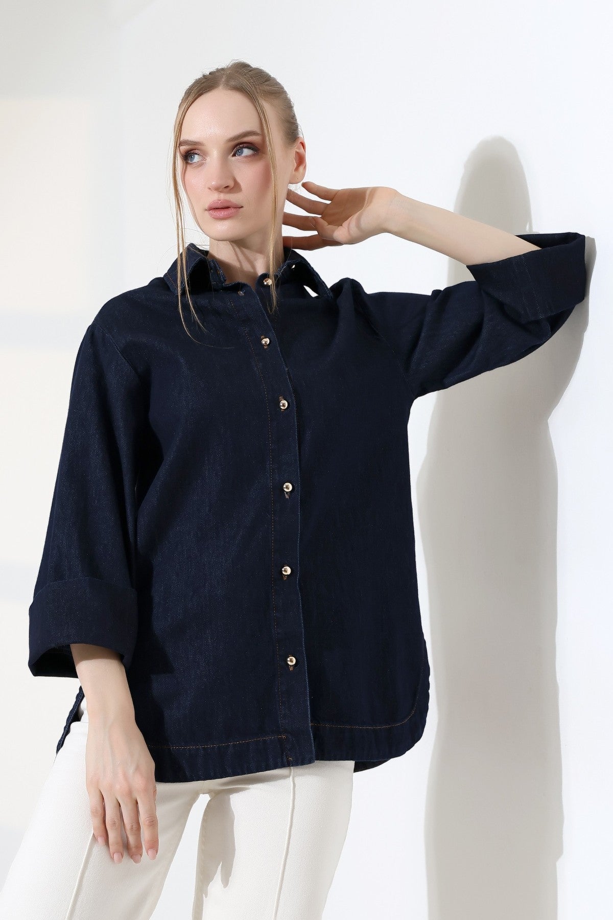 Oversize Düğmeli Gömlek 6262 - Slaplı Lacivert