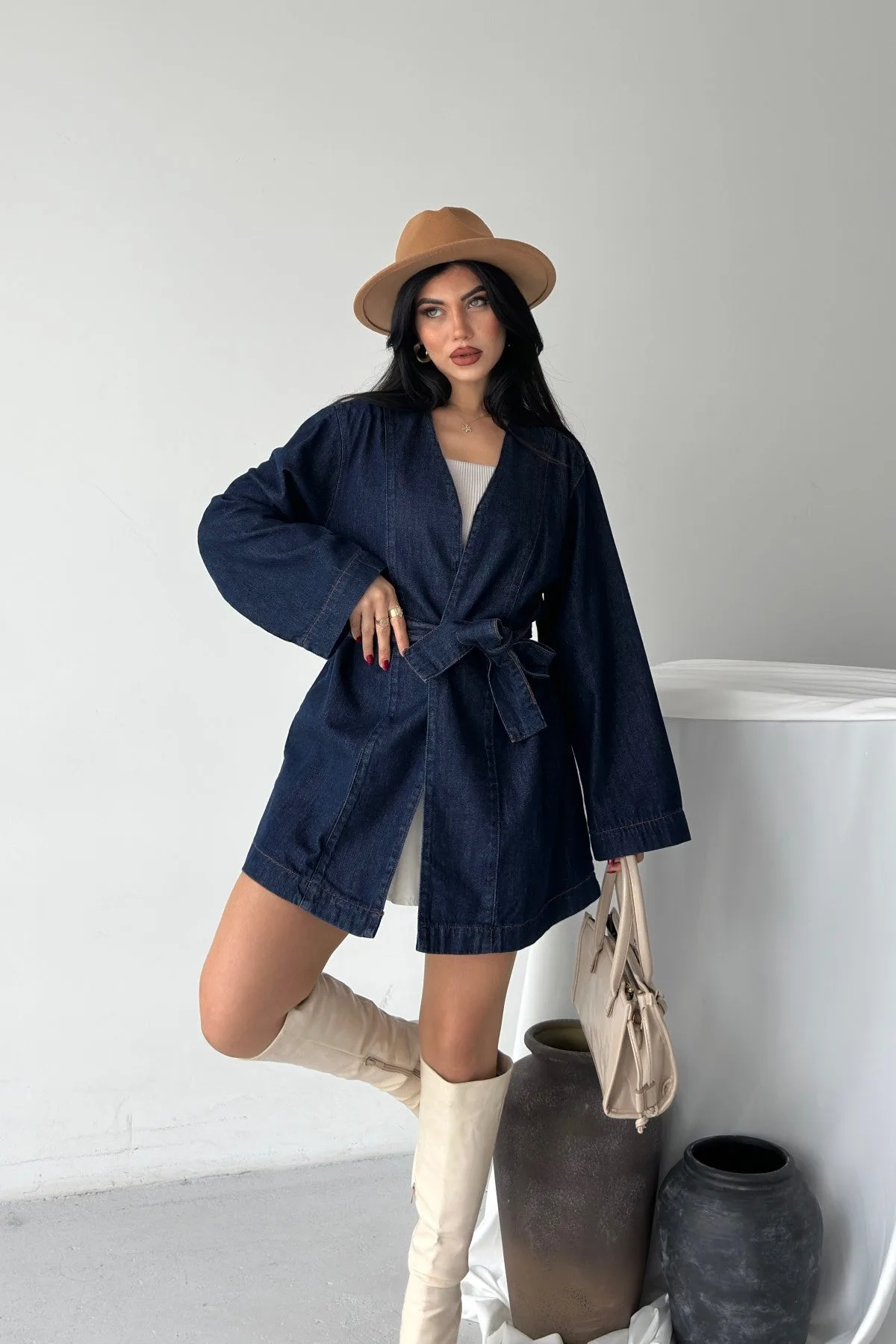 Kuşak Bağlamalı Oversize Ceket 6246 - Slaplı Lacivert