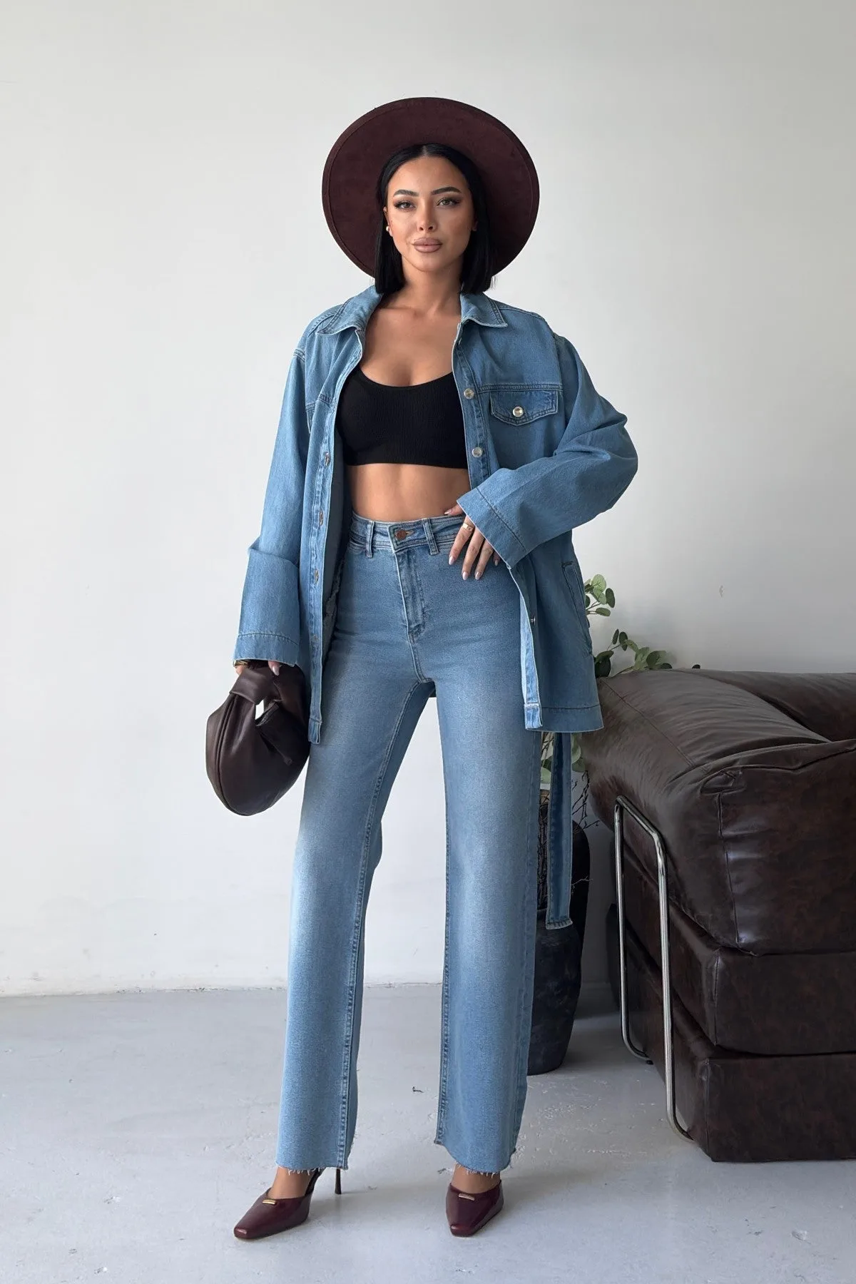 Kuşaklı Oversize Gömlek 6250 - Açık Mavi Kot