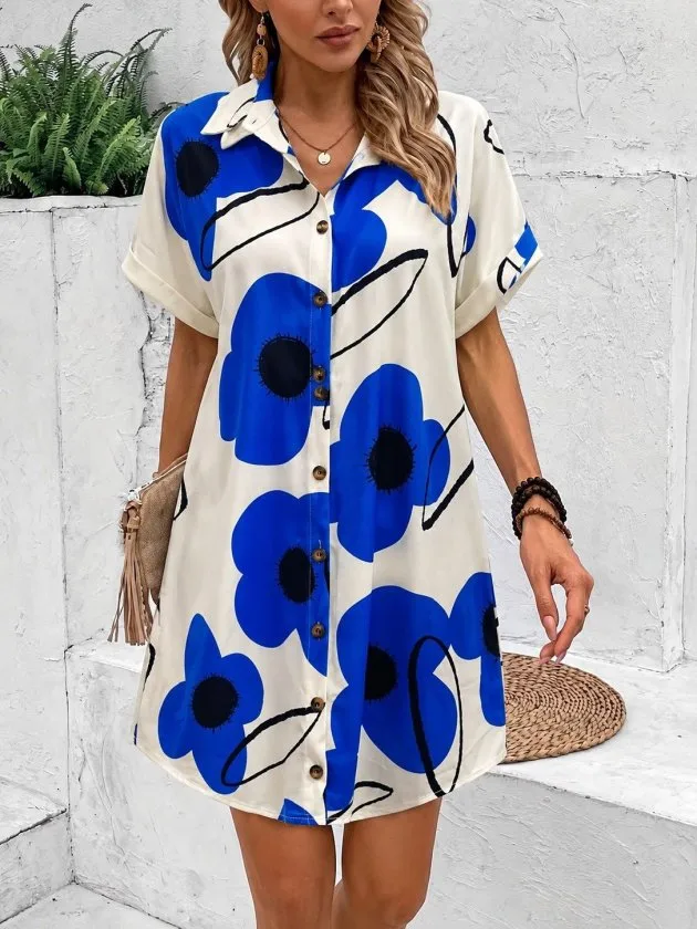 Kadın Kısa Kollu Yakalı çiçek Desenli Kısa Süprem Elbise, 35542 - Mavi – Mavi, 2XL-3XL