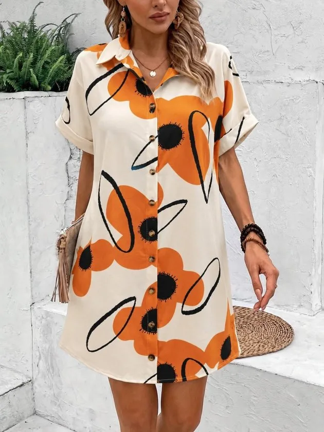 Kadın Kısa Kollu Yakalı çiçek Desenli Kısa Süprem Elbise, 35540 - Turuncu – Turuncu, 2XL-3XL