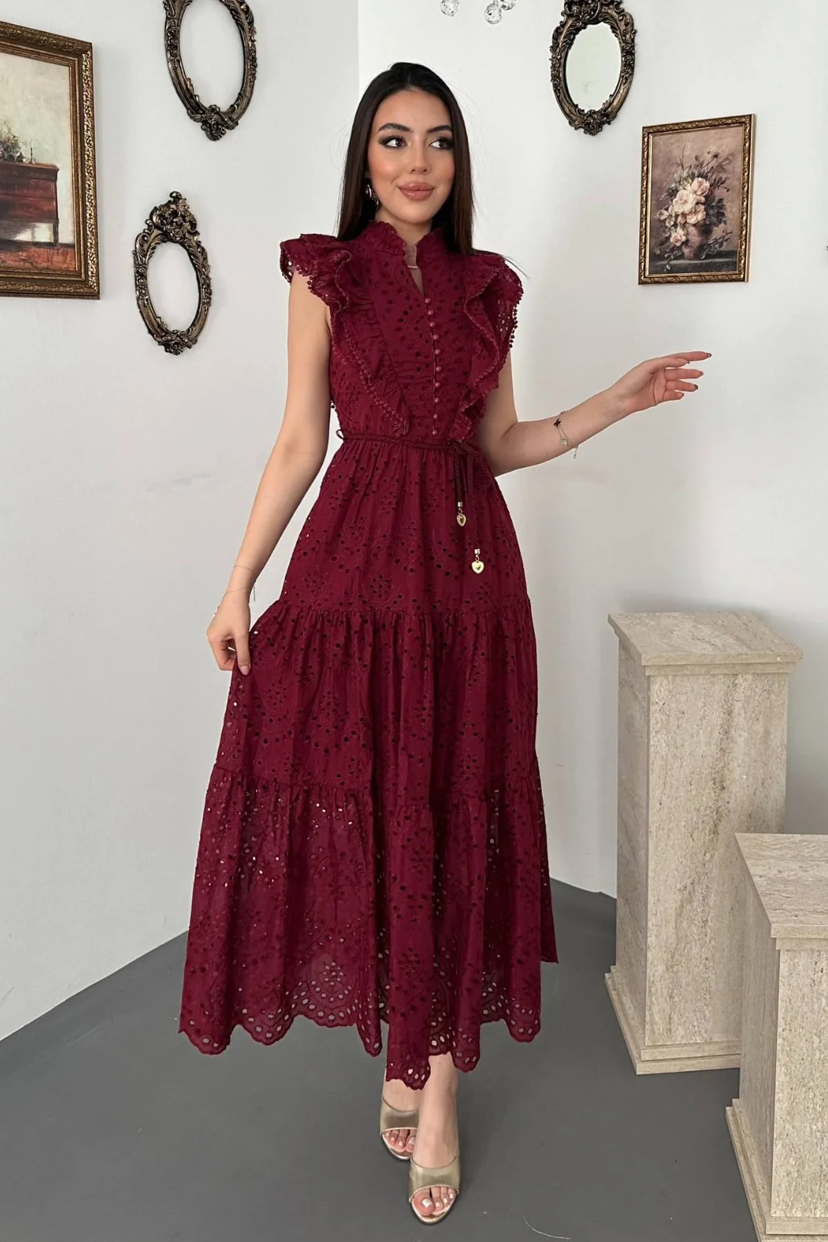 Bordo Fırfırlı Düğmeli Elbise - Bordo – Bordo, L