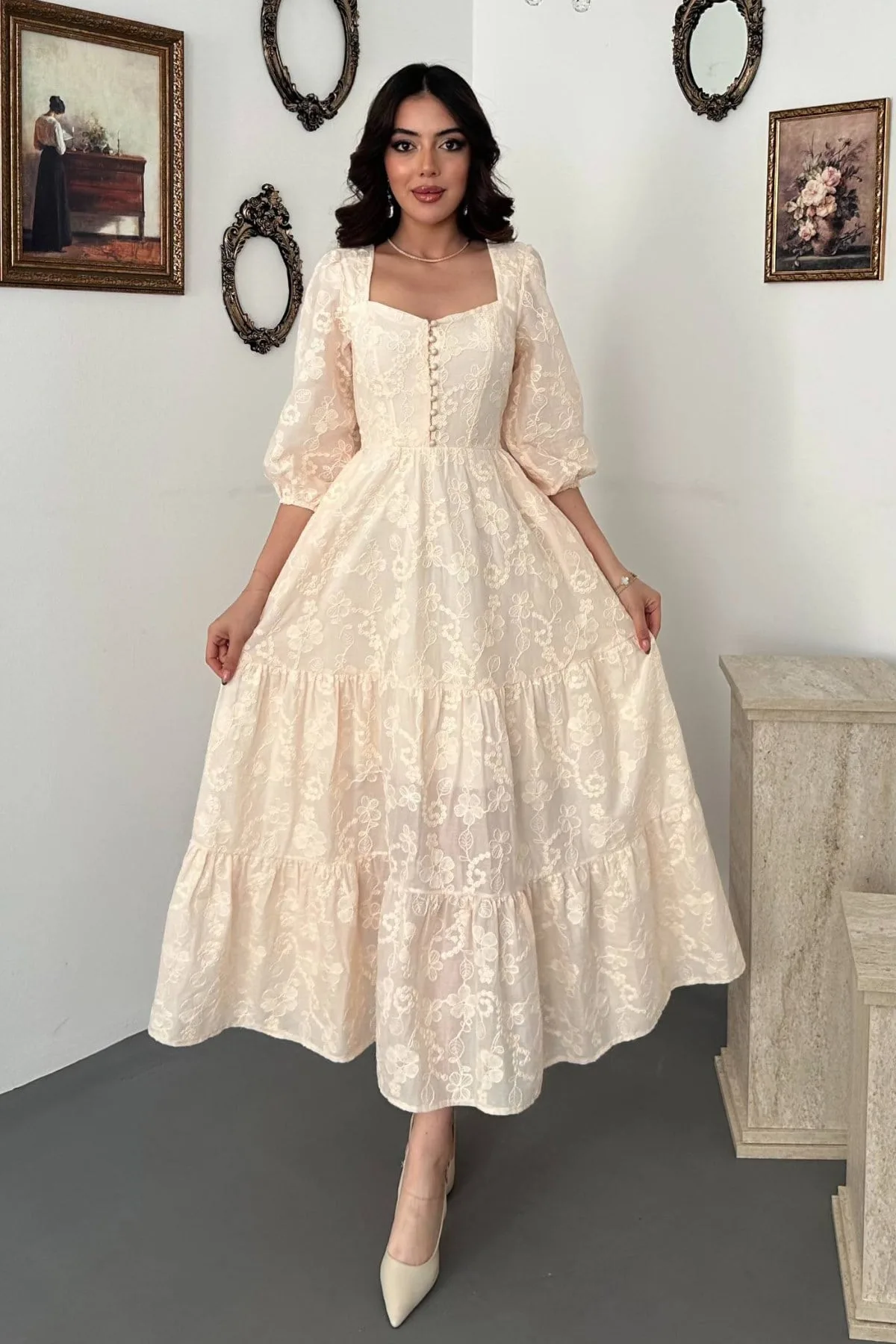 Bej Düğmeli Brode Elbise - Bej – Bej, L