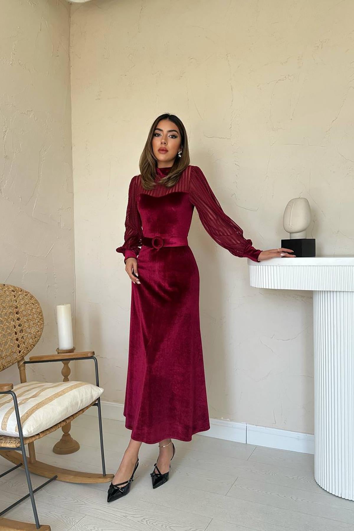 Bordo Kadife Dantel Detaylı Elbise - Bordo – Bordo, L