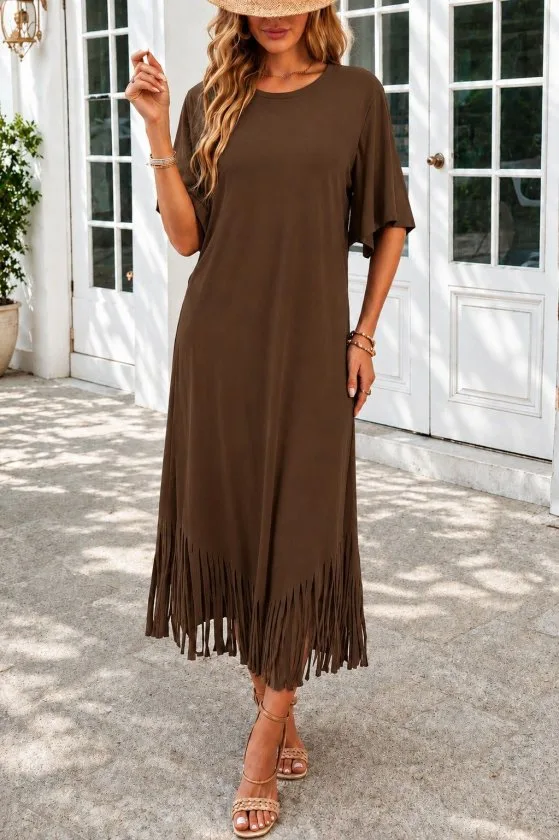 Kadın Kısa Kollu Bisiklet Yakalı Püskül Zikzak şekilli Midi Viskon Elbise, 35701 - Kahve – Kahve, 2XL-3XL